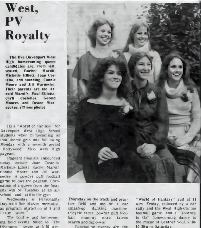 West High Homecoming Royalty.  Standing Connie Moore & Jill Warnecke, seated l to r are Rachel Marolf, Michelle Elliot, & Joan Constello